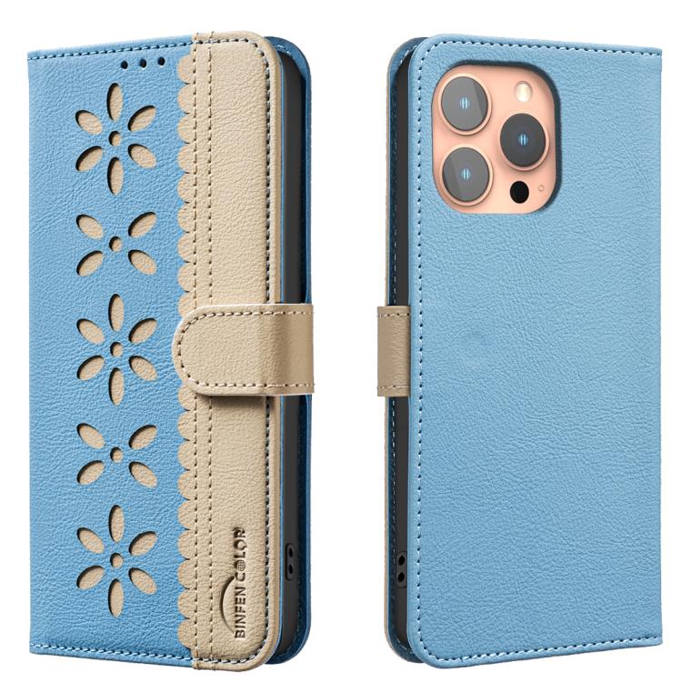 For iPhone 14 Pro Max Splicing Color Hollow Flower Pattern RFID Leather Phone Case(Baby Blue)
For iPhone 14 Pro Max Splicing Color Hollow Flower Pattern RFID Leather Phone Case(Baby Blue)