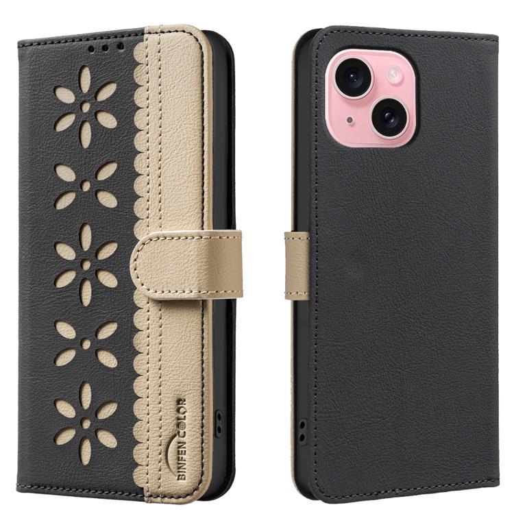 For iPhone 15 Splicing Color Hollow Flower Pattern RFID Leather Phone Case(Black)
For iPhone 15 Splicing Color Hollow Flower Pattern RFID Leather Phone Case(Black)