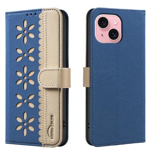 For iPhone 15 Splicing Color Hollow Flower Pattern RFID Leather Phone Case(Dark Blue)
For iPhone 15 Splicing Color Hollow Flower Pattern RFID Leather Phone Case(Dark Blue)