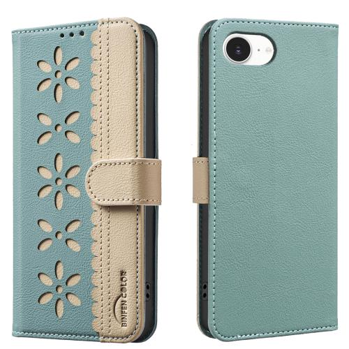 For iPhone 16e Splicing Color Hollow Flower Pattern RFID Leather Phone Case(Green)
For iPhone 16e Splicing Color Hollow Flower Pattern RFID Leather Phone Case(Green)