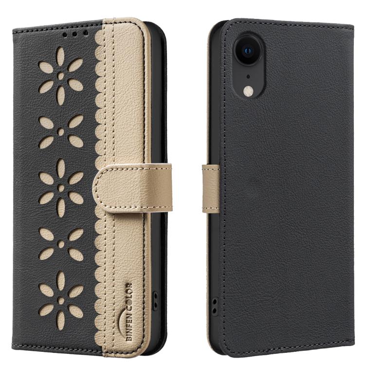 For iPhone XR Splicing Color Hollow Flower Pattern RFID Leather Phone Case(Black)
For iPhone XR Splicing Color Hollow Flower Pattern RFID Leather Phone Case(Black)