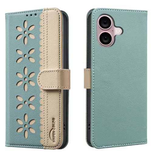 For iPhone 16 Plus Splicing Color Hollow Flower Pattern RFID Leather Phone Case(Green)
For iPhone 16 Plus Splicing Color Hollow Flower Pattern RFID Leather Phone Case(Green)