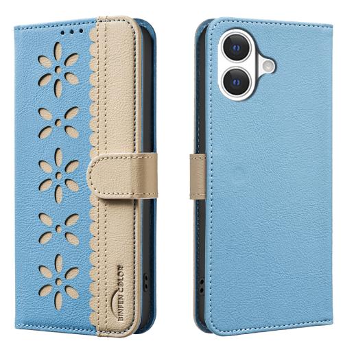 For iPhone 17 Splicing Color Hollow Flower Pattern RFID Leather Phone Case(Baby Blue)
For iPhone 17 Splicing Color Hollow Flower Pattern RFID Leather Phone Case(Baby Blue)