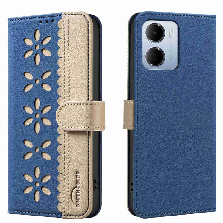 For Redmi 15a 5G Splicing Color Hollow Flower Pattern RFID Leather Phone Case(Dark Blue)
For Redmi 15a 5G Splicing Color Hollow Flower Pattern RFID Leather Phone Case(Dark Blue)