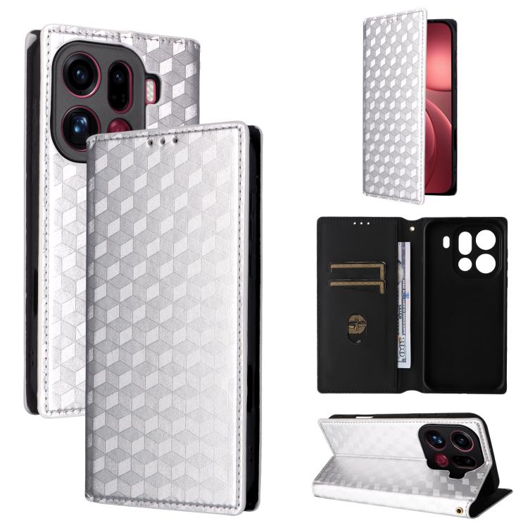 For OPPO Find X9 Pro Cubic Grid Texture Flip Leather Phone Case(Silver)