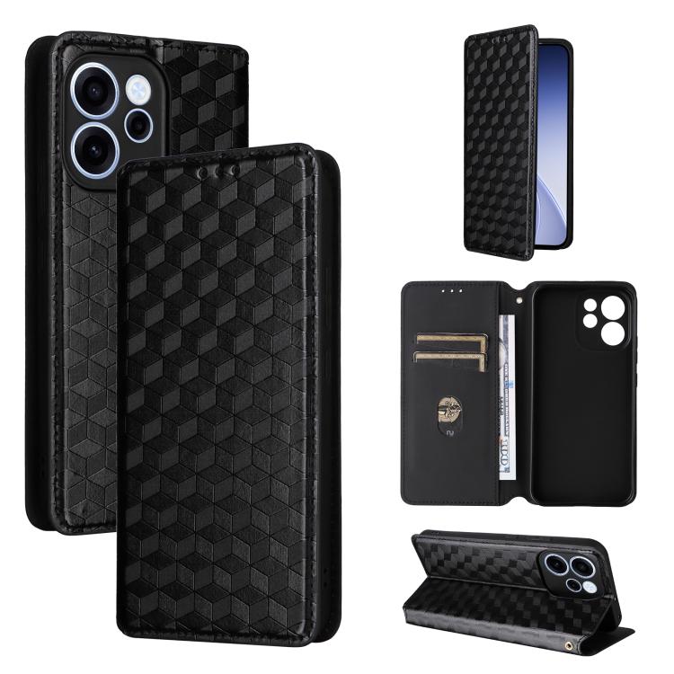 For OPPO Reno15 A 5G / Reno15 F 5G Cubic Grid Texture Flip Leather Phone Case(Black)