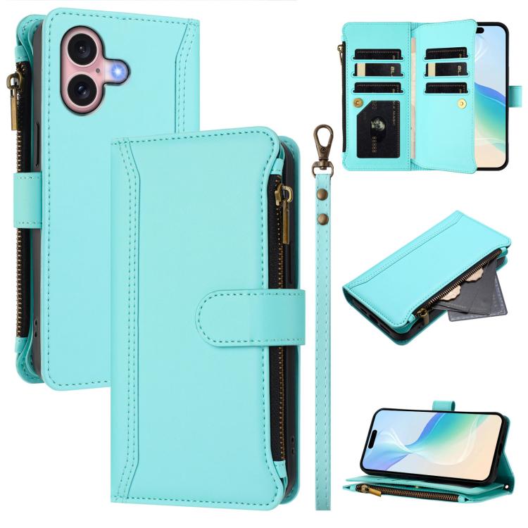 For iPhone 16 Magnetic Closure 9 Card Slots Zipper Leather Case with Hand Strap(Mint Green)
For iPhone 16 Magnetic Closure 9 Card Slots Zipper Leather Case with Hand Strap(Mint Green)