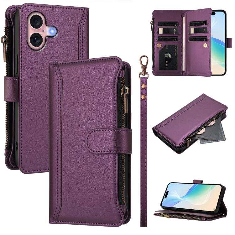 For iPhone 16 Magnetic Closure 9 Card Slots Zipper Leather Case with Hand Strap(Purple)
For iPhone 16 Magnetic Closure 9 Card Slots Zipper Leather Case with Hand Strap(Purple)