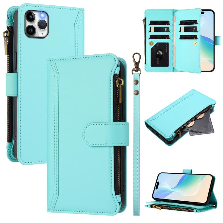 For iPhone 11 Pro Max Magnetic Closure 9 Card Slots Zipper Leather Case with Hand Strap(Mint Green)
For iPhone 11 Pro Max Magnetic Closure 9 Card Slots Zipper Leather Case with Hand Strap(Mint Green)