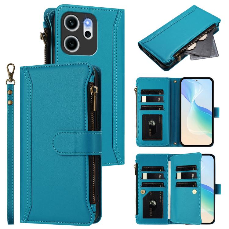 For OPPO Reno14 F 5G Magnetic Closure 9 Card Slots Zipper Leather Case with Hand Strap(Turquoise)