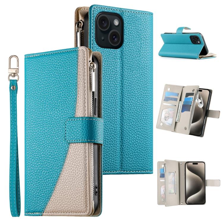 For iPhone 15 Stitching Multi-card Zipper Wallet Leather Phone Case with Short Strap(Blue)
For iPhone 15 Stitching Multi-card Zipper Wallet Leather Phone Case with Short Strap(Blue)