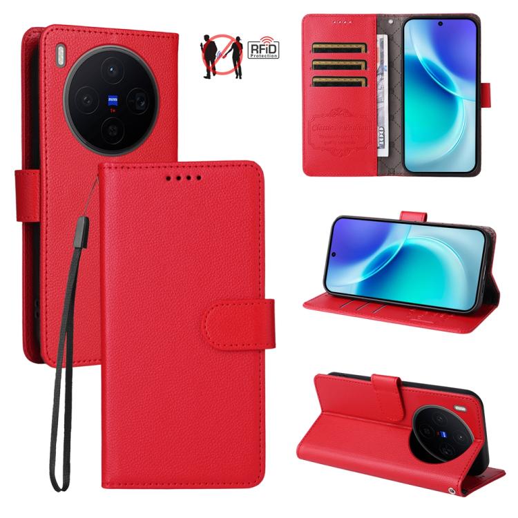 For vivo X300 Litchi Texture RFID Blocking 3-Card Wallet Leather Phone Case(Red)
For vivo X300 Litchi Texture RFID Blocking 3-Card Wallet Leather Phone Case(Red)