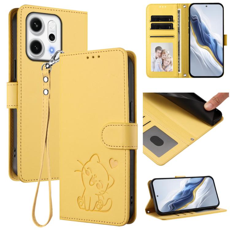 For OPPO Reno14 F 5G / Reno14 5G Embossed Heart Cat Leather Phone Case with Hand Strap(Yellow)