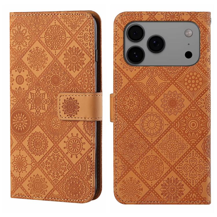 For iPhone 17 Pro Max Ethnic Style Embossed Pattern Leather Phone Case(Brown)