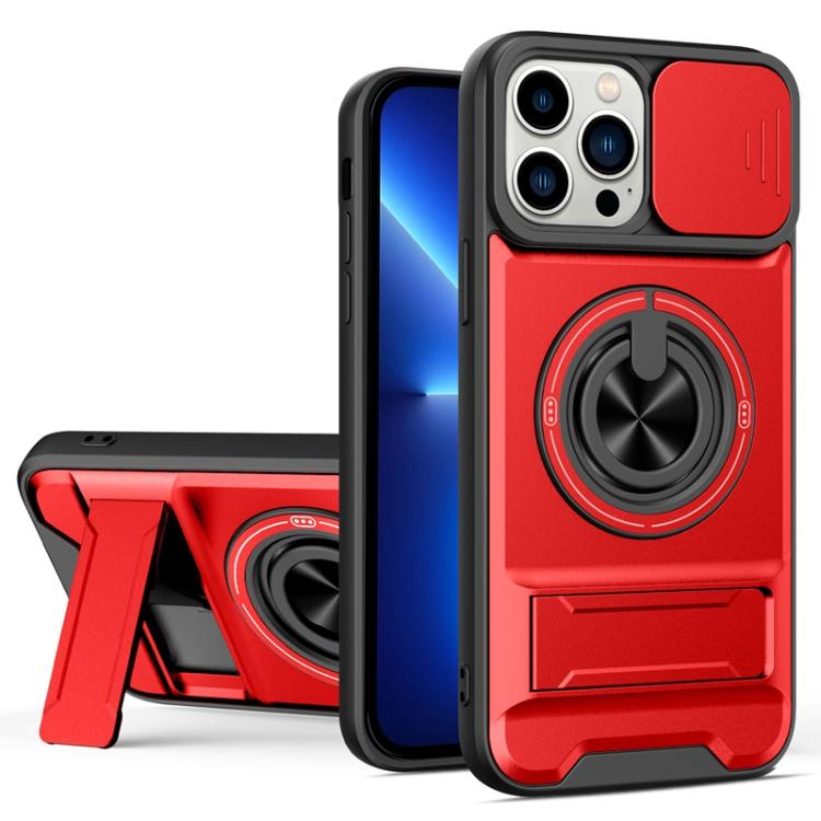 For iPhone 13 Pro Max Lens Sliding Window Multifunctional Magnetic Shockproof Phone Case(Red)
