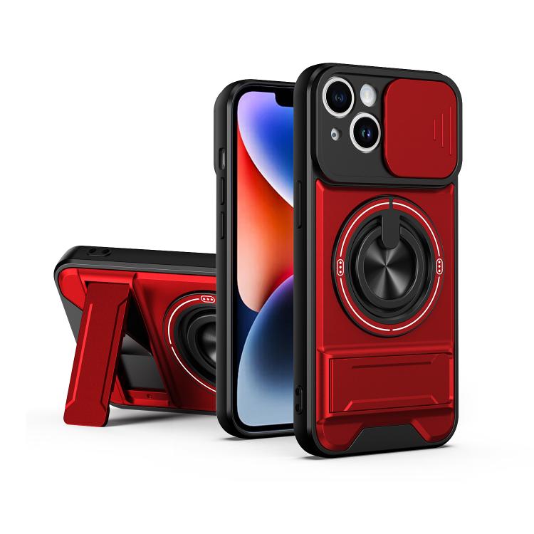 For iPhone 14 Lens Sliding Window Multifunctional Magnetic Shockproof Phone Case(Red)