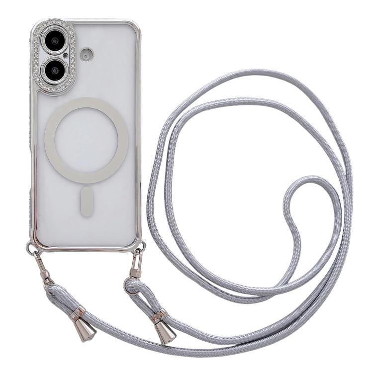 For iPhone 16 Plus Rhinestone Clear Acrylic Electroplated Magnetic Phone Case with Neck Lanyard(Silver)
For iPhone 16 Plus Rhinestone Clear Acrylic Electroplated Magnetic Phone Case with Neck Lanyard(Silver)