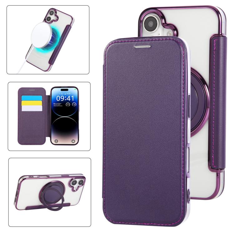 For iPhone 16 Plus Ultra-thin Rotation Holder Magnetic Plating Vegan Leather Phone Case(Purple)
For iPhone 16 Plus Ultra-thin Rotation Holder Magnetic Plating Vegan Leather Phone Case(Purple)