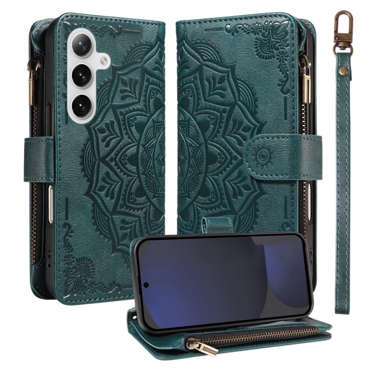 For Galaxy S24 FE 5G Mandala Embossed 9-Card Zipper RFID Vegan Leather Phone Case with Short Lanyard(Green)
For Galaxy S24 FE 5G Mandala Embossed 9-Card Zipper RFID Vegan Leather Phone Case with Short Lanyard(Green)
