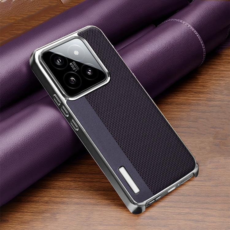 For Xiaomi 14 Pro Electroplated Matte Frame Dual Color Splicing Vegan Leather Phone Case(Purple)
For Xiaomi 14 Pro Electroplated Matte Frame Dual Color Splicing Vegan Leather Phone Case(Purple)