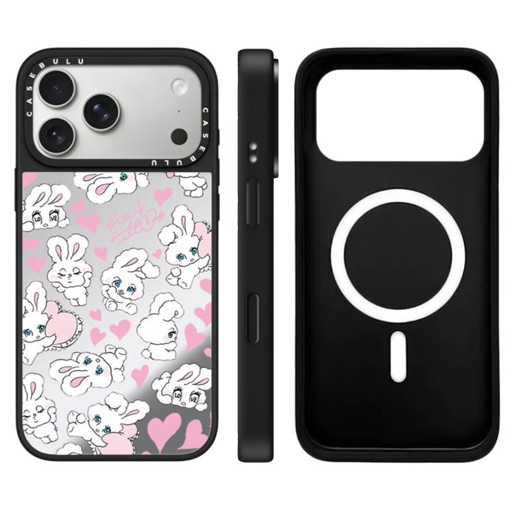 For iPhone 17 Pro Max Bunny Series Pattern Camera Control Button Mirror Magnetic Phone Case(Hearts Bunny Silver)