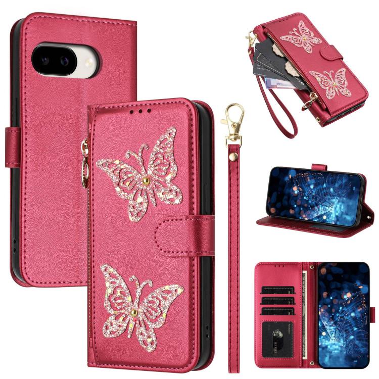 For Google Pixel 10a Glitter Butterfly Zipper Vegan Leather Phone Case with Wrist Strap(Rose Red)
For Google Pixel 10a Glitter Butterfly Zipper Vegan Leather Phone Case with Wrist Strap(Rose Red)