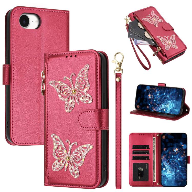 For iPhone 17e / 16e Glitter Butterfly Zipper Vegan Leather Phone Case with Wrist Strap(Rose Red)
For iPhone 17e / 16e Glitter Butterfly Zipper Vegan Leather Phone Case with Wrist Strap(Rose Red)