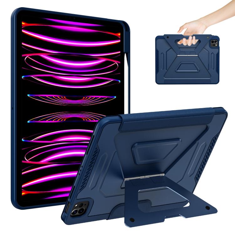 For iPad Air 11 2026 / 2025 / 2024 Tri-fold Pivot Holder Flip Vegan Leather Tablet Case with Pen Slot(Navy Blue)