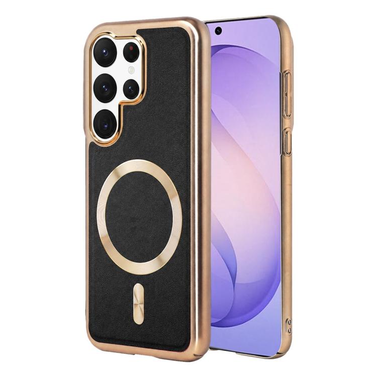 For Galaxy S26 Ultra 5G Electroplated Frame CD Texture Magnetic Ring PC + Vegan Leather Phone Case(Black)
For Galaxy S26 Ultra 5G Electroplated Frame CD Texture Magnetic Ring PC + Vegan Leather Phone Case(Black)