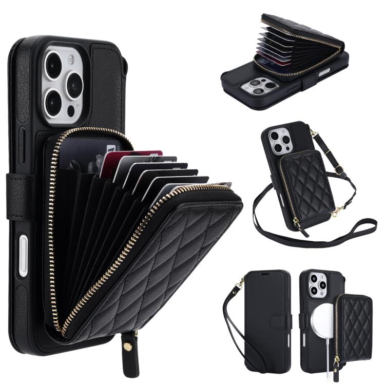 For iPhone 16 Pro Max Rhombic Zipper Accordion Wallet Magnetic RFID Phone Case with Crossbody & Wrist Strap(Black)
For iPhone 16 Pro Max Rhombic Zipper Accordion Wallet Magnetic RFID Phone Case with Crossbody & Wrist Strap(Black)