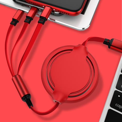 

3.5A Liquid Silicone 3 in 1 USB to USB-C / Type-C + 8Pin + Micro USB Retractable Data Syn Charging Cable (Red)