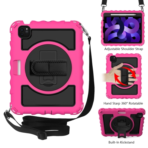 

For iPad Air 2020 10.9 360 Degree Rotation PC + Silicone Shockproof Combination Case with Holder & Hand Grip Strap & Neck Strap & Pen Slot Holder(Hot Pink)