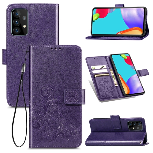 

For Samsung Galaxy A52 5G / 4G Four-leaf Clasp Embossed Buckle Mobile Phone Protection Leather Case with Lanyard & Card Slot & Wallet & Bracket Function(Purple)