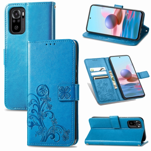 

For Xiaomi Redmi Note 10 4G Four-leaf Clasp Embossed Buckle Mobile Phone Protection Leather Case with Lanyard & Card Slot & Wallet & Bracket Function(Blue)