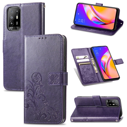 

For OPPO A94 5G / F19 Pro+ / Reno5 Z Four-leaf Clasp Embossed Buckle Mobile Phone Protection Leather Case with Lanyard & Card Slot & Wallet & Bracket Function(Purple)