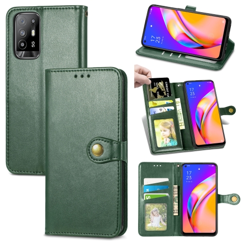 

For OPPO A94 5G /F19 Pro+ 5G /Reno5 Z Solid Color Leather Buckle Phone Case with Lanyard & Photo Frame & Card Slot & Wallet & Stand Function(Green)
