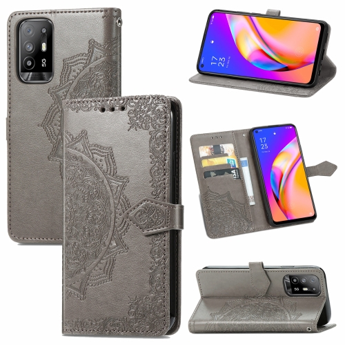 

For OPPO A94 5G / F19 Pro+ 5G /Reno5 Z Mandala Flower Embossed Horizontal Flip Leather Case with Holder & Three Card Slots & Wallet & Lanyard(Gray)