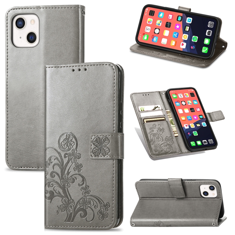 For iPhone 13 Four-leaf Clover Clasp Embossed Buckle Mobile Phone Protection Leather Case with Lanyard & Card Slot & Wallet & Bracket Function(Grey)
For iPhone 13 Four-leaf Clover Clasp Embossed Buckle Mobile Phone Protection Leather Case with Lanyard & Card Slot & Wallet & Bracket Function(Grey)