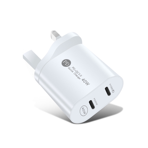 

002 40W Dual Port PD USB-C / Type-C Fast Charger for iPhone / iPad Series, UK Plug(White)
