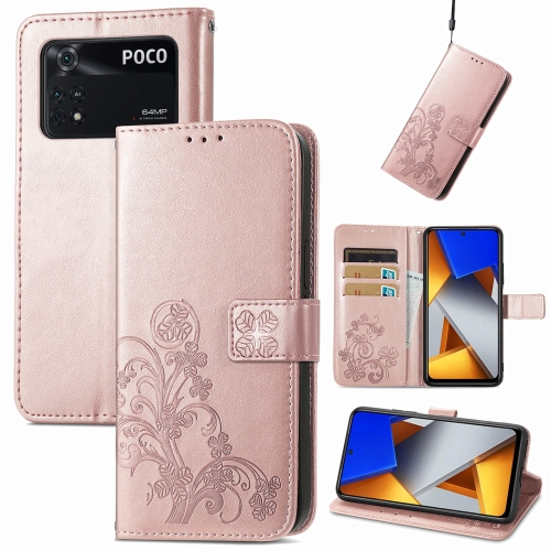 

For Xiaomi Poco M4 Pro Four-leaf Clasp Embossed Buckle Leather Phone Case(Rose Gold)