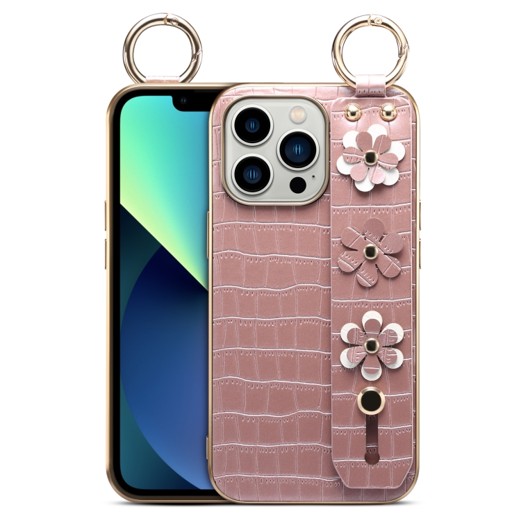 For iPhone 13 Pro Max Wristband Ring Sakura Electroplated Crocodile Leather Phone Case(Pink)
For iPhone 13 Pro Max Wristband Ring Sakura Electroplated Crocodile Leather Phone Case(Pink)