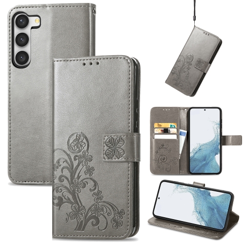 

For Samsung Galaxy S23 Ultra 5G Four-leaf Clasp Embossed Buckle Leather Phone Case(Gray)