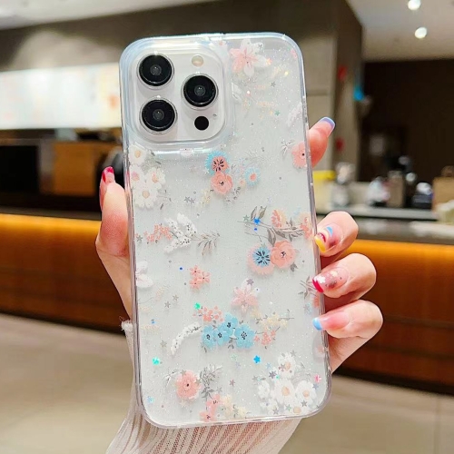 

For iPhone 15 Pro Fresh Small Floral Phone Case Drop Glue Protective Cover(D01 Beautiful Bouquet)