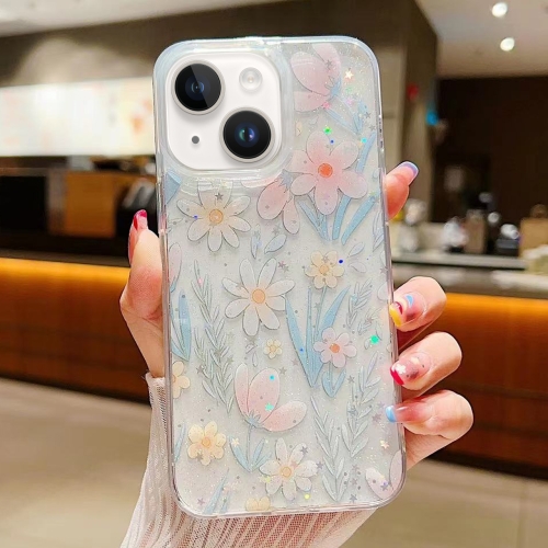 

For iPhone 15 Plus Fresh Small Floral Phone Case Drop Glue Protective Cover(D03 Floral Pink)