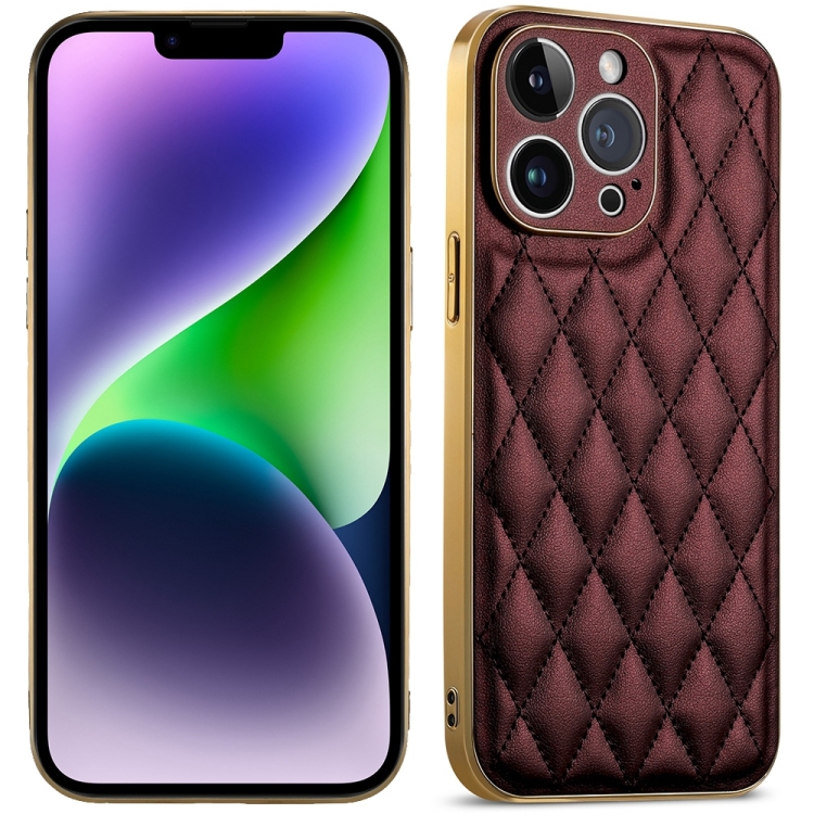 For iPhone 14 Suteni Electroplated Rhombus Grid Leather Soft TPU Phone Case(Purple)
For iPhone 14 Suteni Electroplated Rhombus Grid Leather Soft TPU Phone Case(Purple)