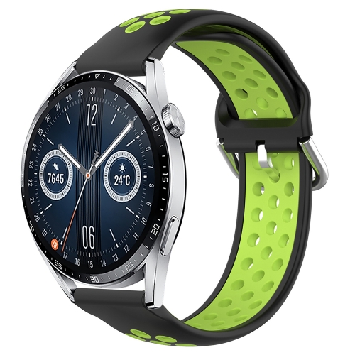

For Huawei Watch GT3 42mm 20mm Perforated Breathable Sports Silicone Watch Band(Black+ Lime)