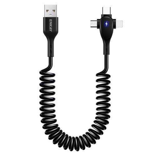 

ENKAY Hat-Prince 3 in 1 6A USB to 8 Pin+Type-C+Micro USB Supper Fast Charge Spring Cable, Length: 1.8m(Black)