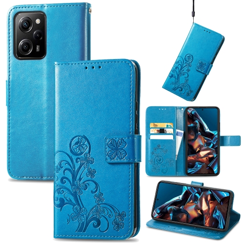 

For Xiaomi Poco X5 Pro Four-leaf Clasp Embossed Leather Phone Case(Blue)