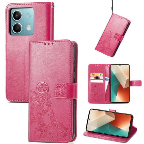 

For Xiaomi Redmi Note 13 5G Four-leaf Clasp Embossed Leather Phone Case(Magenta)