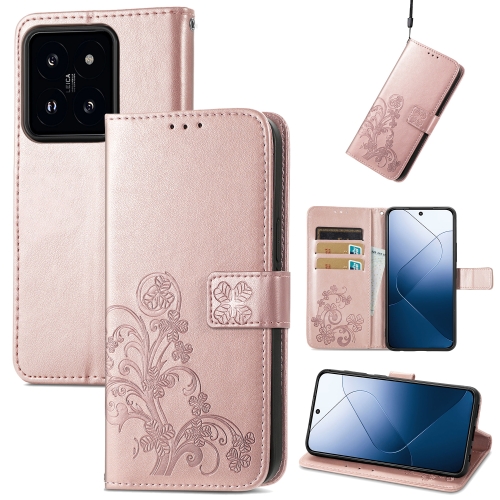 

For Xiaomi 14 Four-leaf Clasp Embossed Leather Phone Case(Rose Gold)